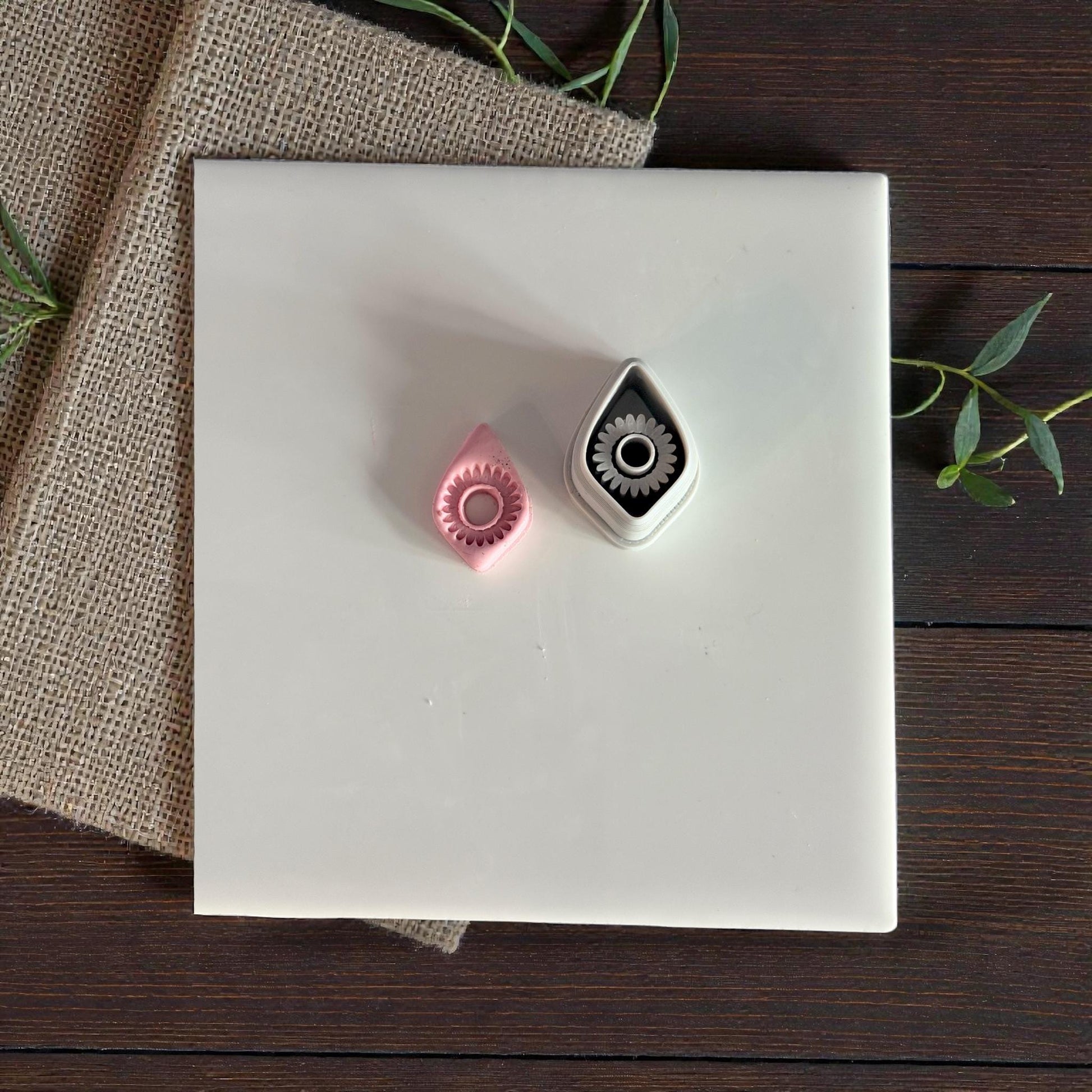 pink teardrop clay piece and matching cutter