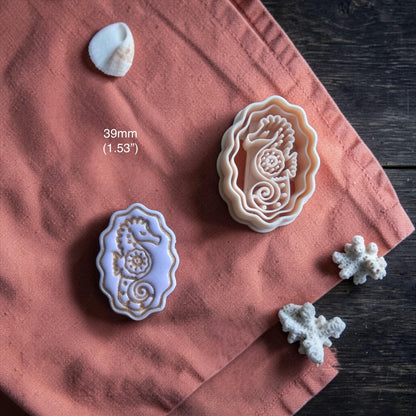3d printed seahorse cutter closeup and clay imprint