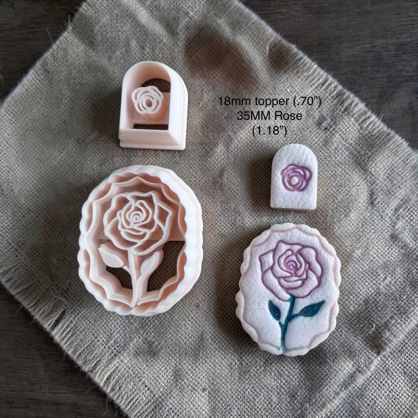 rose cameo cutter and small topper cutter with labeled size text