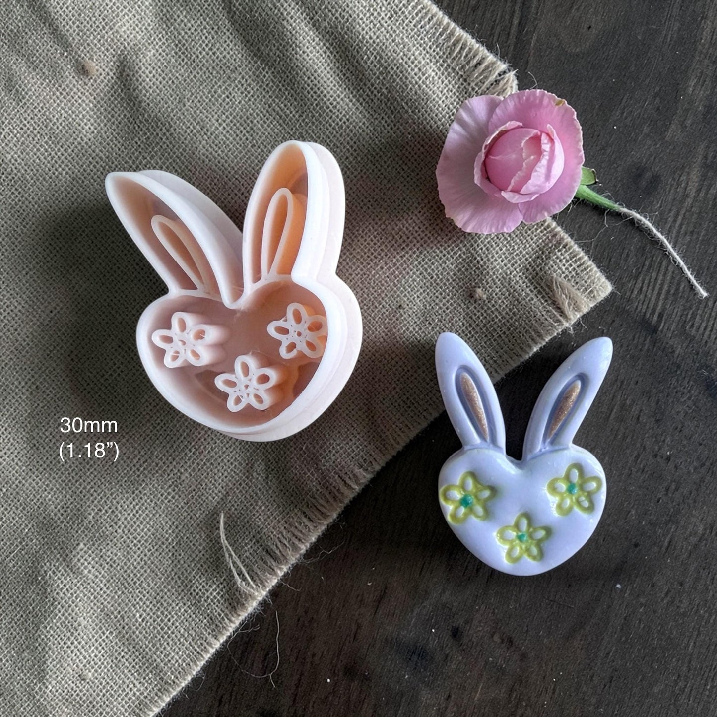 30mm bunny polymer clay cutter with spring flower design example