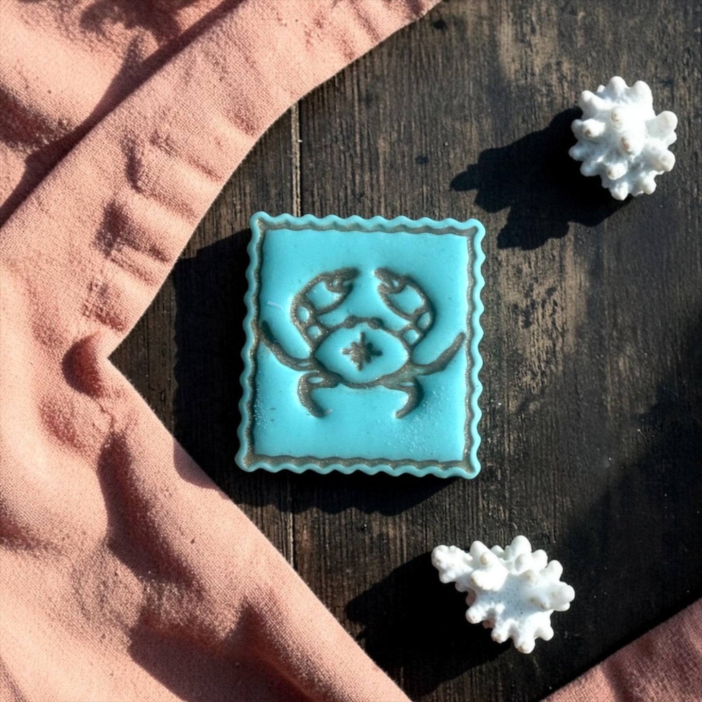 teal crab clay cutter stamped square scalloped frame close up