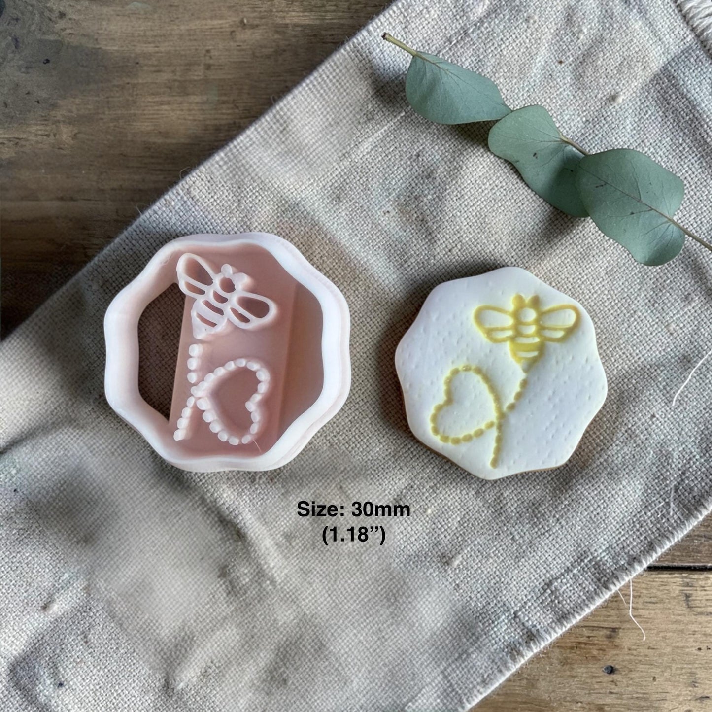 bee heart polymer clay cutter with stamped clay example 30mm