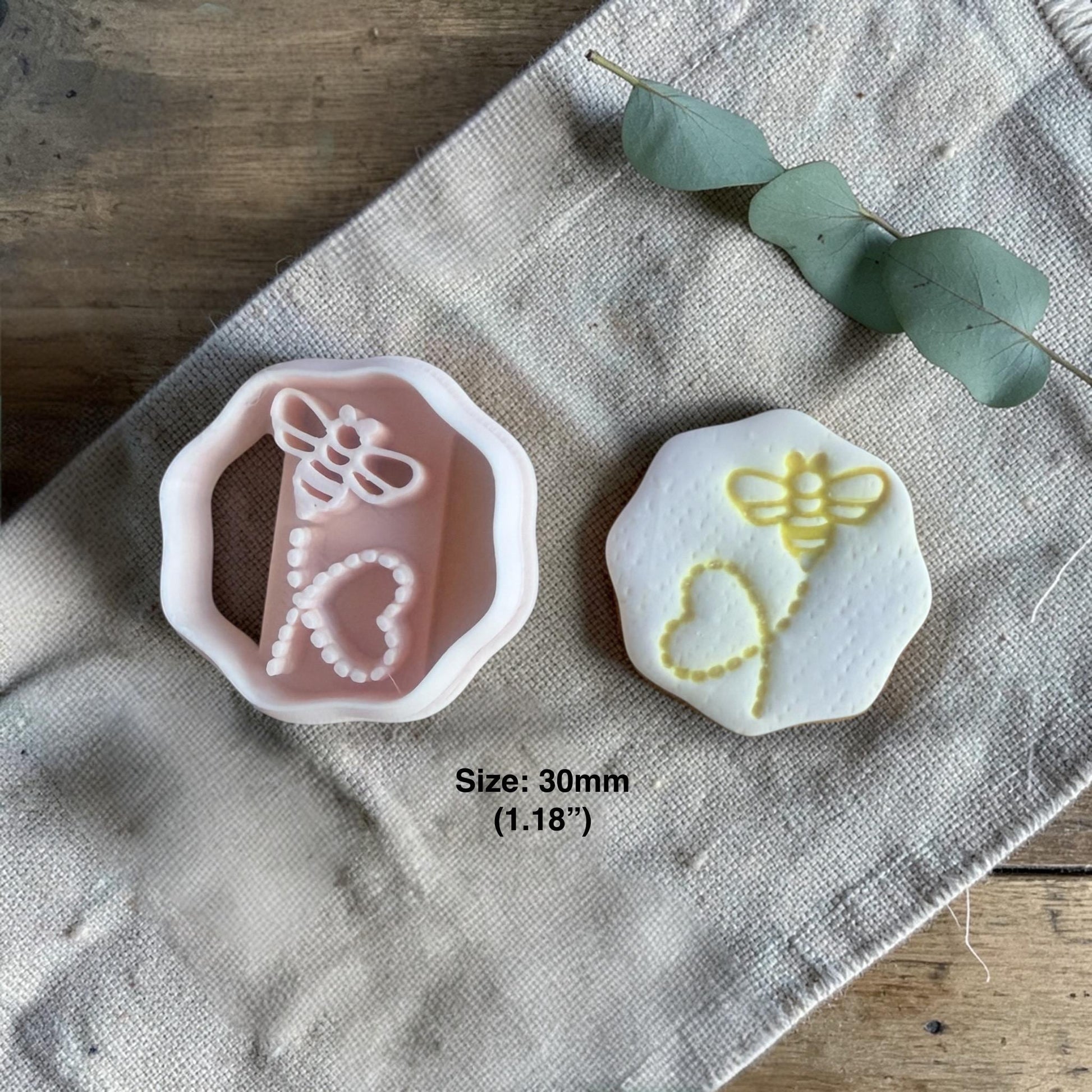 bee heart polymer clay cutter with stamped clay example 30mm