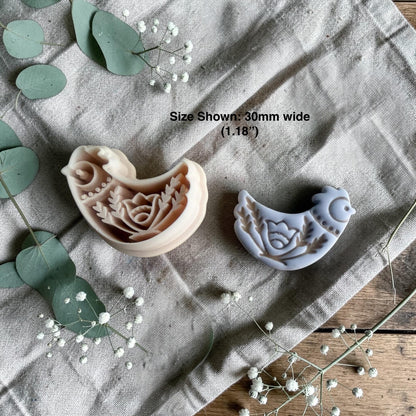folk art bird clay cutter with stamped example size 30mm