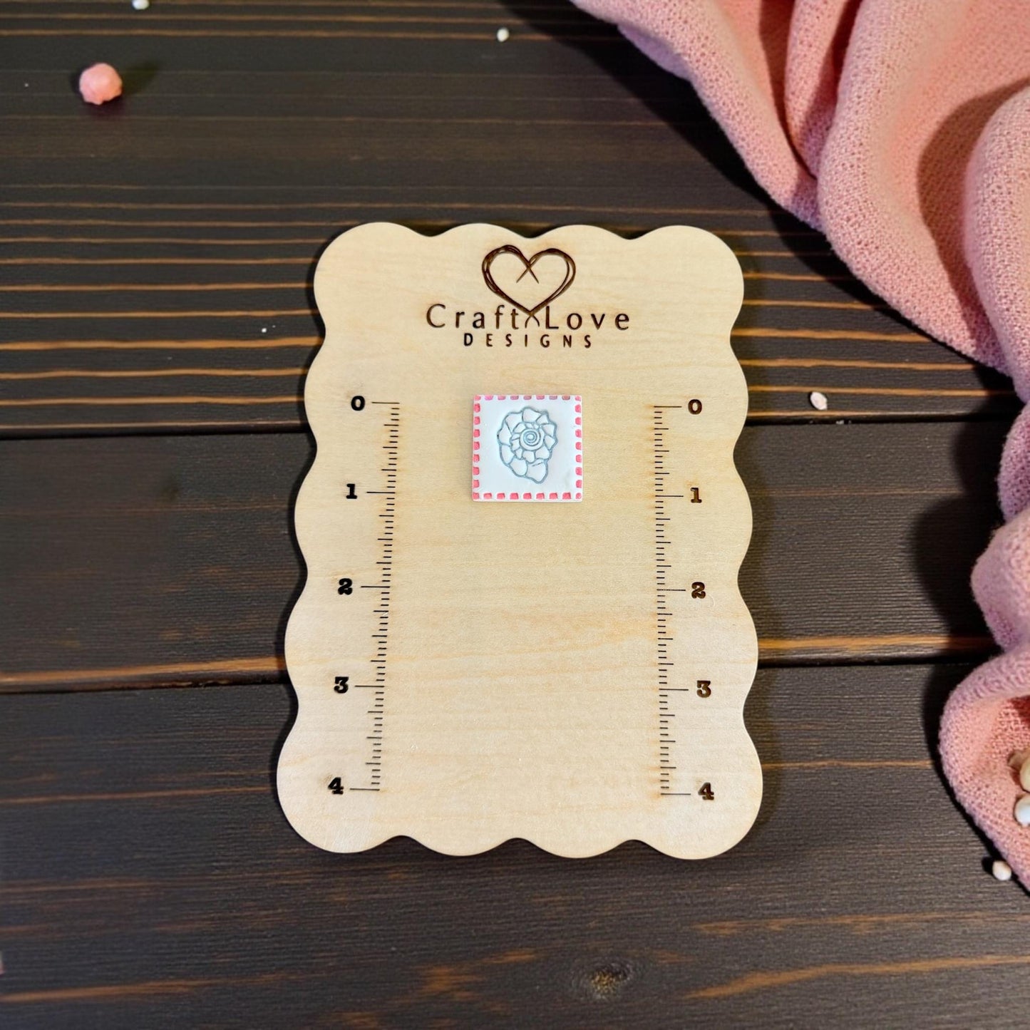 shell tile clay imprint centered on CraftLove Designs board