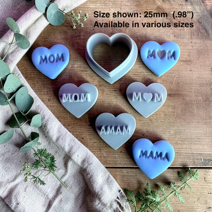 heart polymer clay cutter with mom and mama word emboss examples