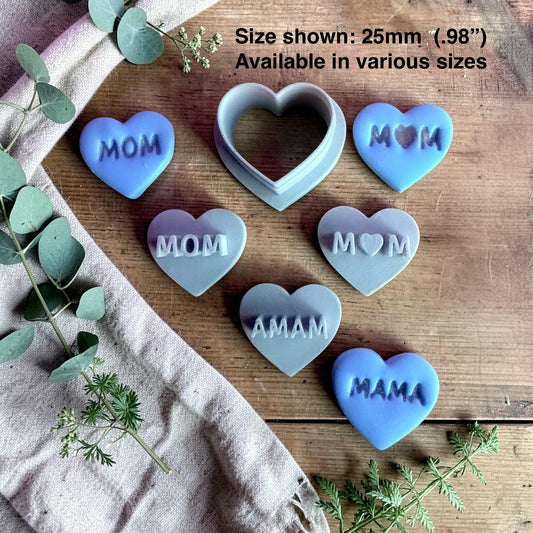 heart polymer clay cutter with mom and mama word emboss examples