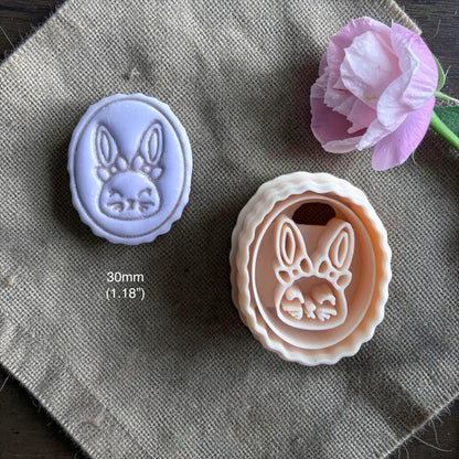 small bunny cutter displayed on wooden sizing board