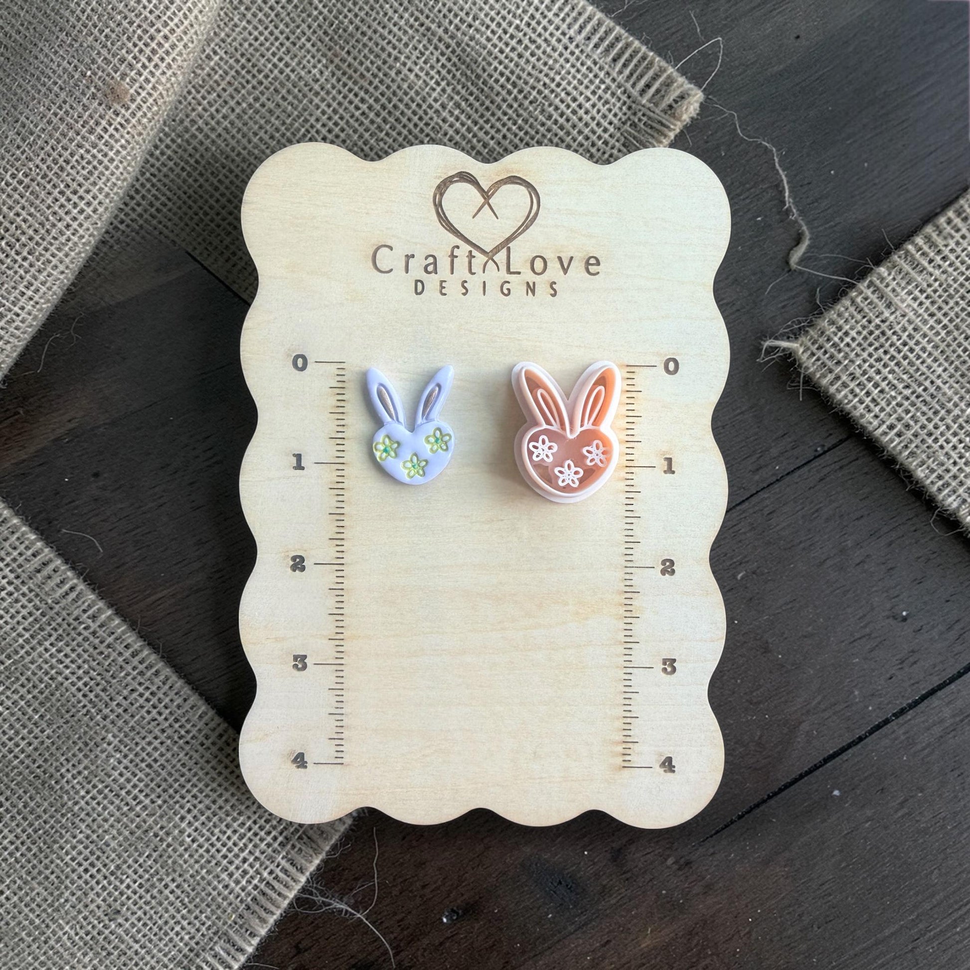 bunny flower polymer clay cutter with finished pastel bunny clay earring