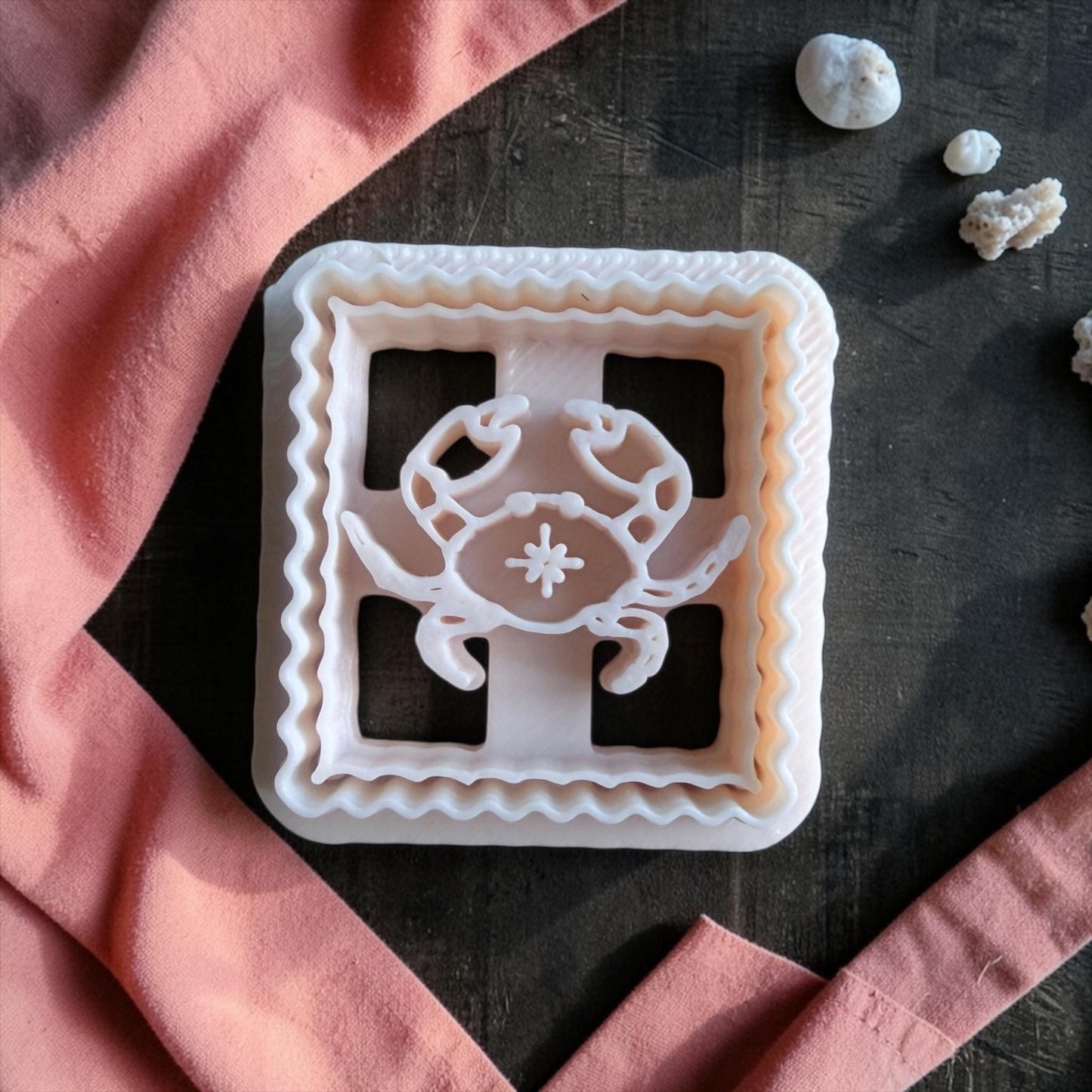 white crab clay cutter square scalloped frame close up