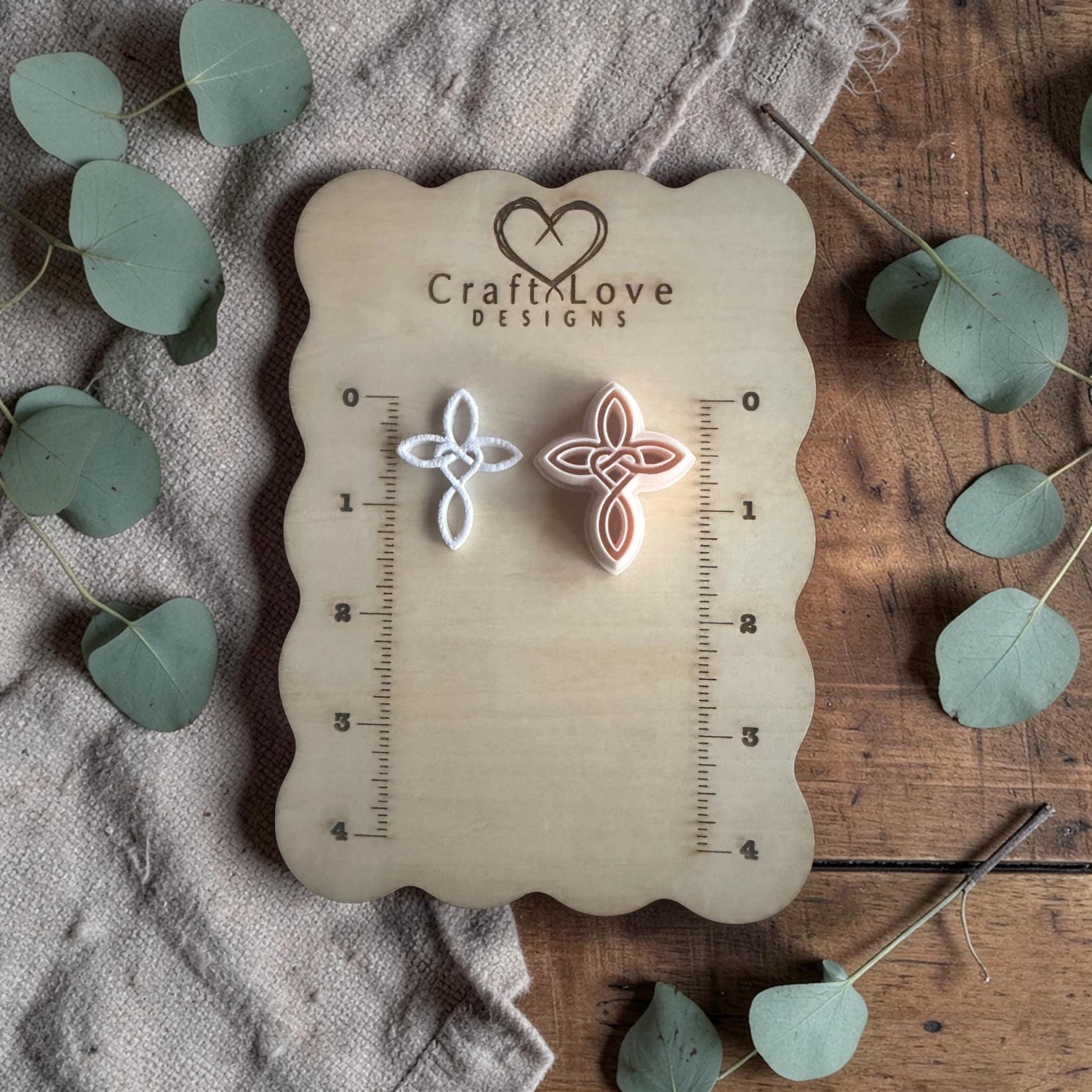 celtic heart cross clay cutters on measuring board craft love designs