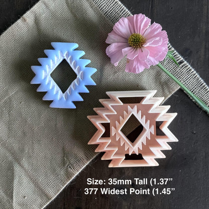 Aztec clay cutter and finished blue clay aztec charm with size text
