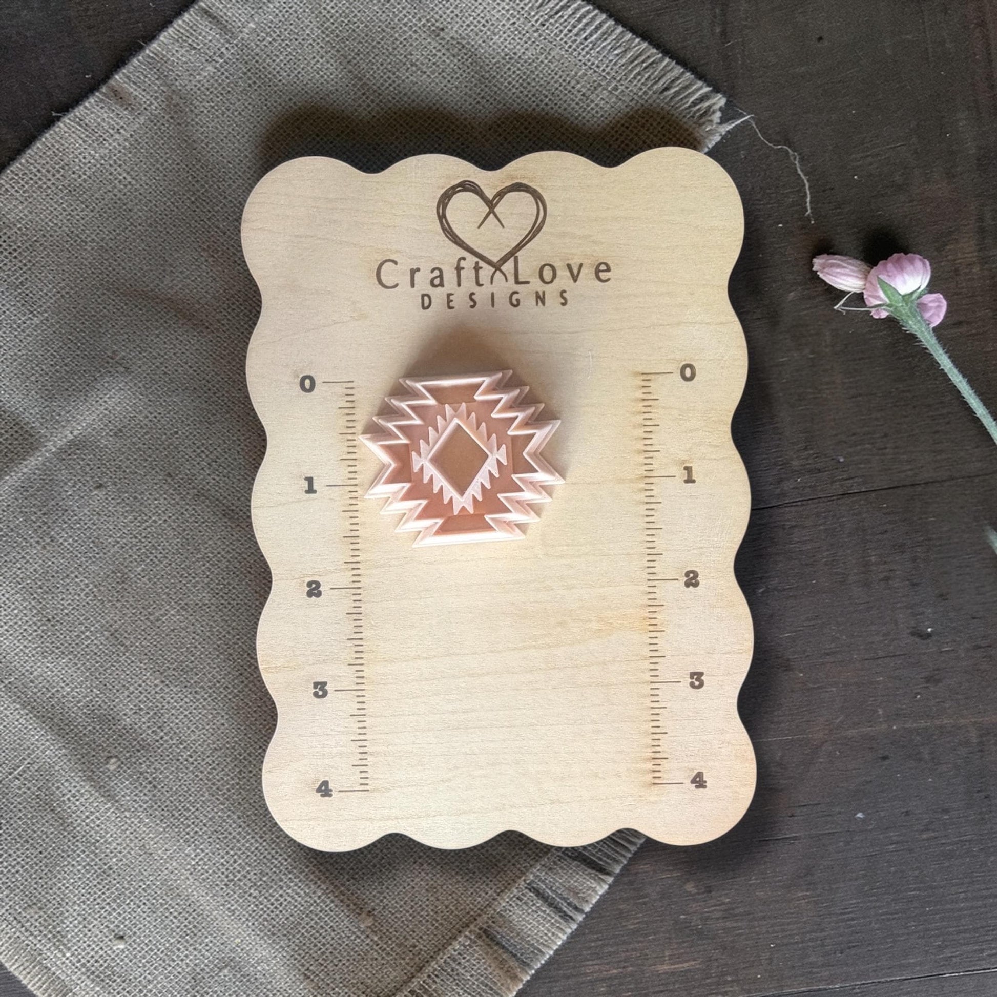 Aztec polymer clay cutter placed on Craft Love Designs ruler board