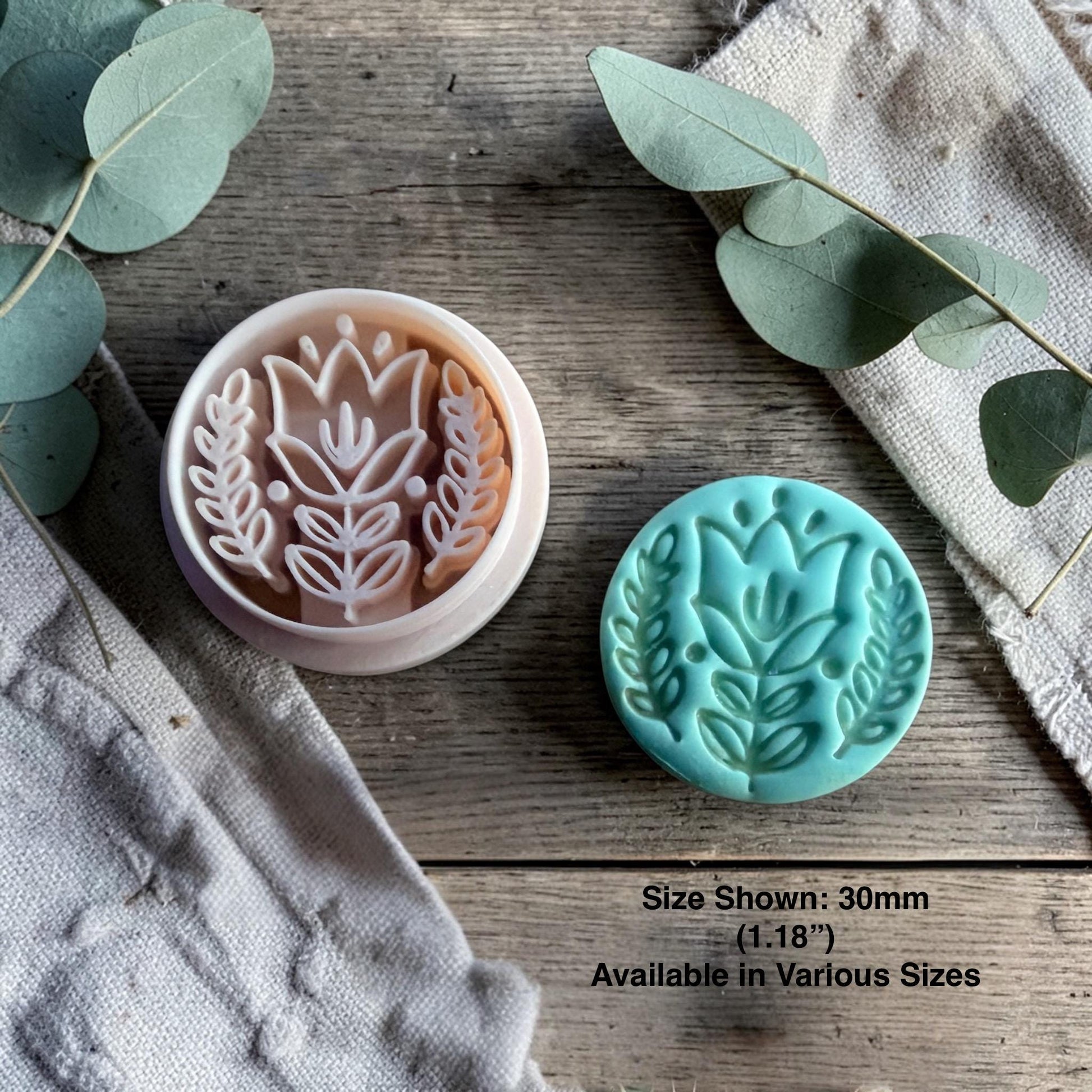 tulip clay cutter and finished clay charm with size information