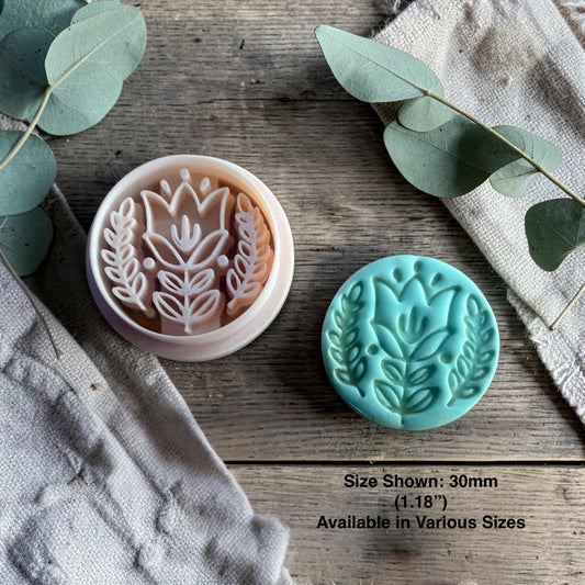 tulip clay cutter and finished clay charm with size information