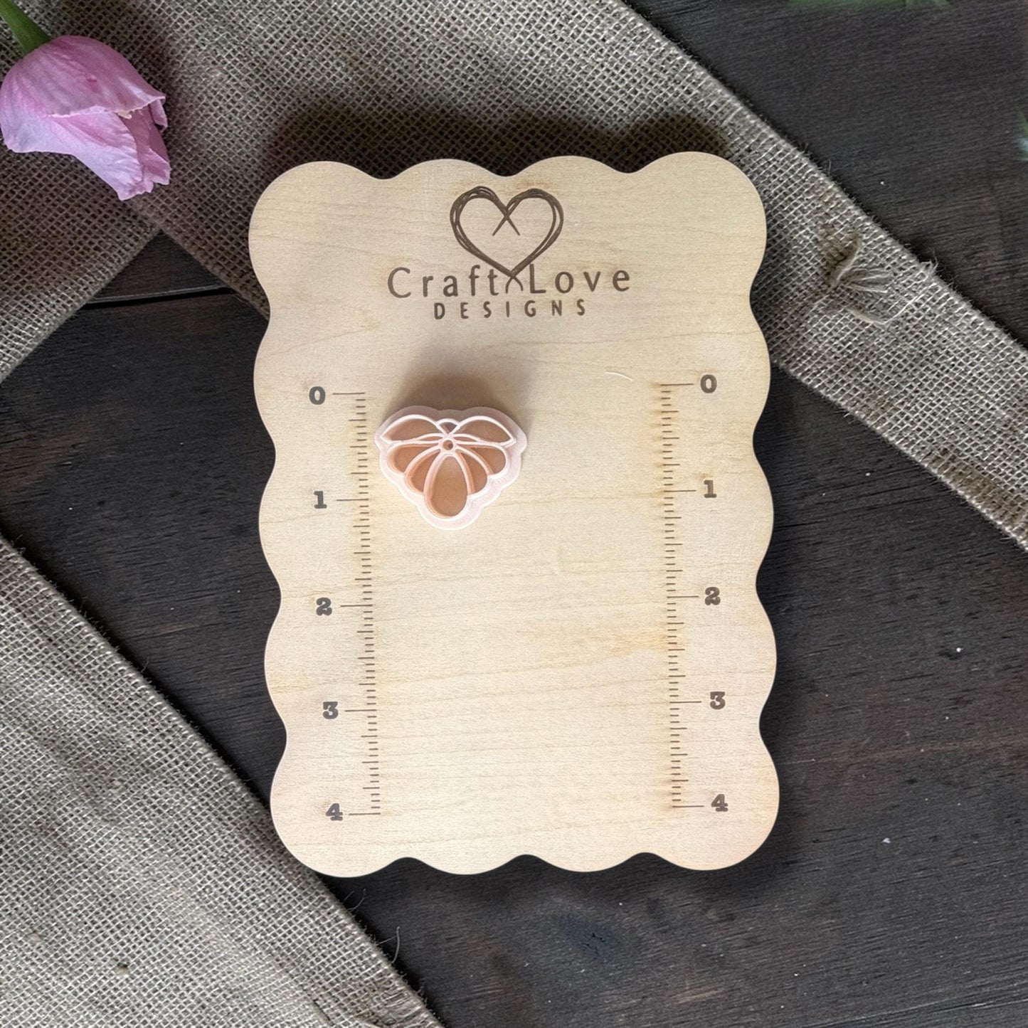 polymer clay flower cutter displayed on Craft Love Designs ruler board