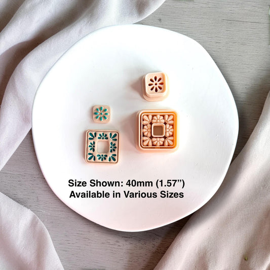 Boho floral tile polymer clay cutter set with square cut out center on white background