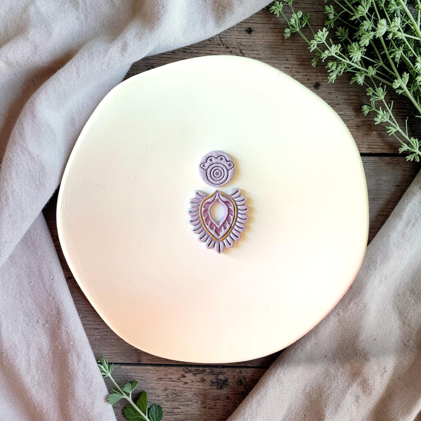 Boho teardrop mandala clay cutter set with matching stud and dangle piece