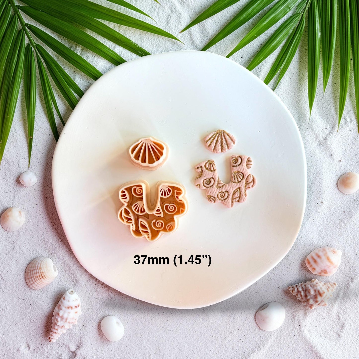 Seashell arch clay cutter set with matching stud and finished clay earring showing size 37mm