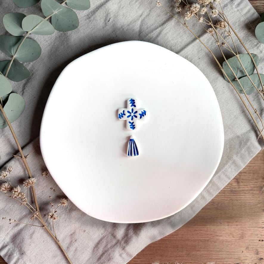 Blue and white patterned clay tile earring with decorative detail