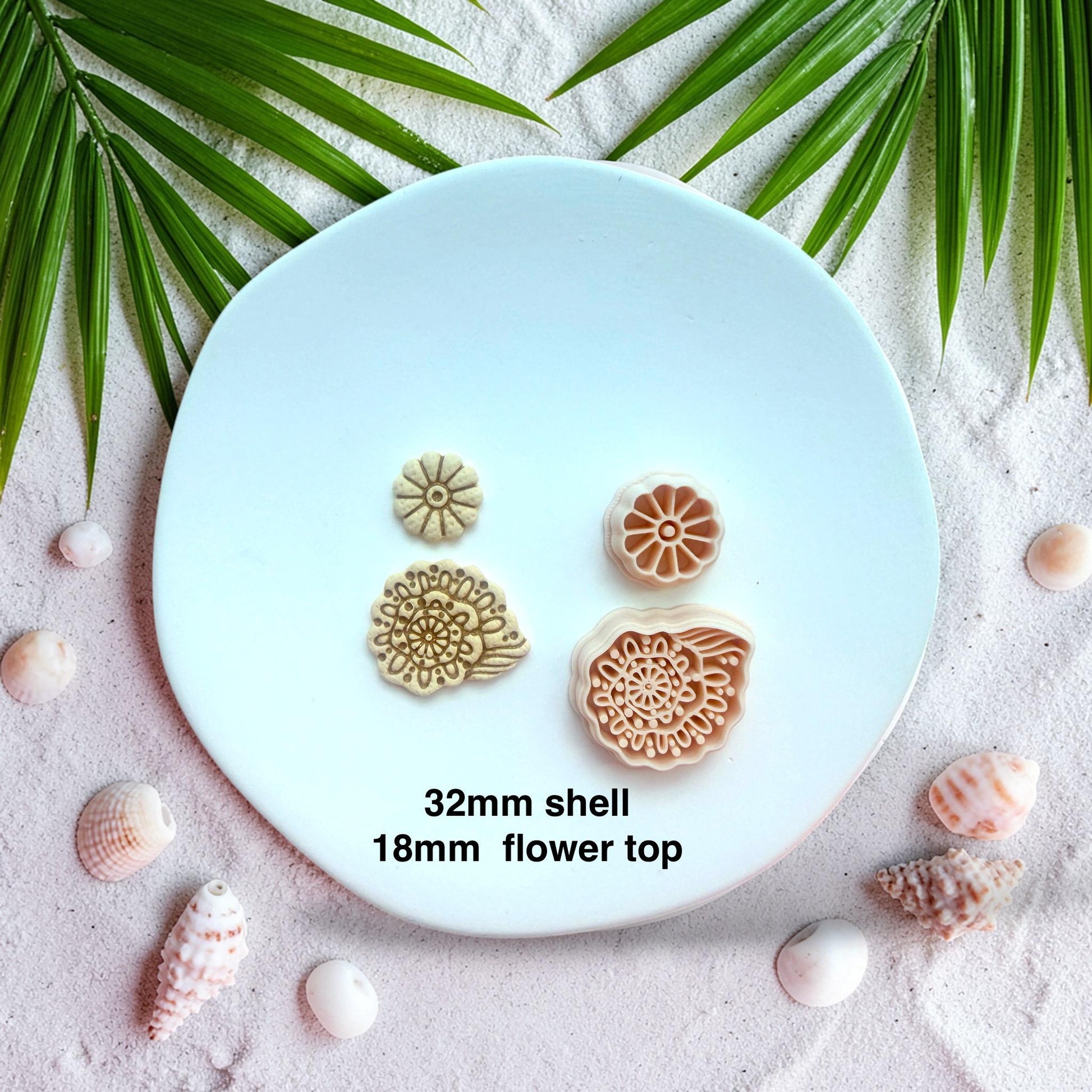 Polymer clay cutter set showing shell and flower pieces with size 32mm shell and 18mm top
