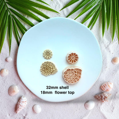 Polymer clay cutter set showing shell and flower pieces with size 32mm shell and 18mm top