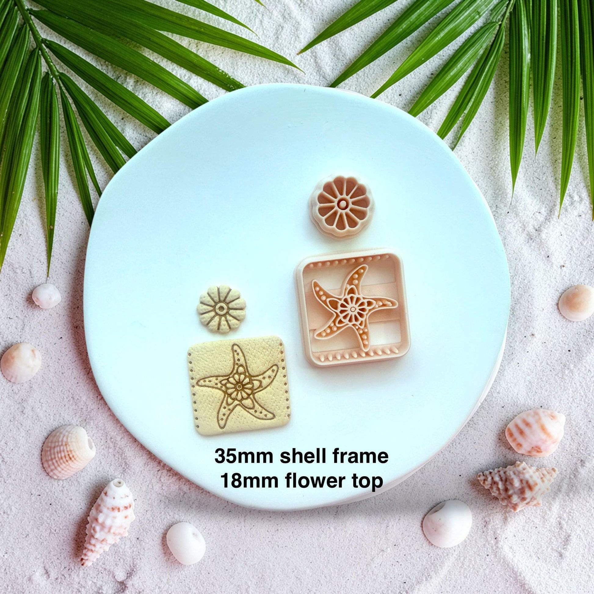 Cutter set with size reference showing 35mm square and 18mm flower top for earring making