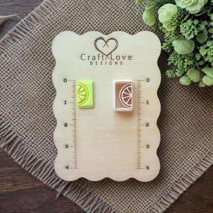 Lemon rectangle clay cutter shown on size comparison board