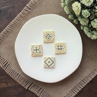 Close up of geometric floral Spanish tile pattern designs for polymer clay