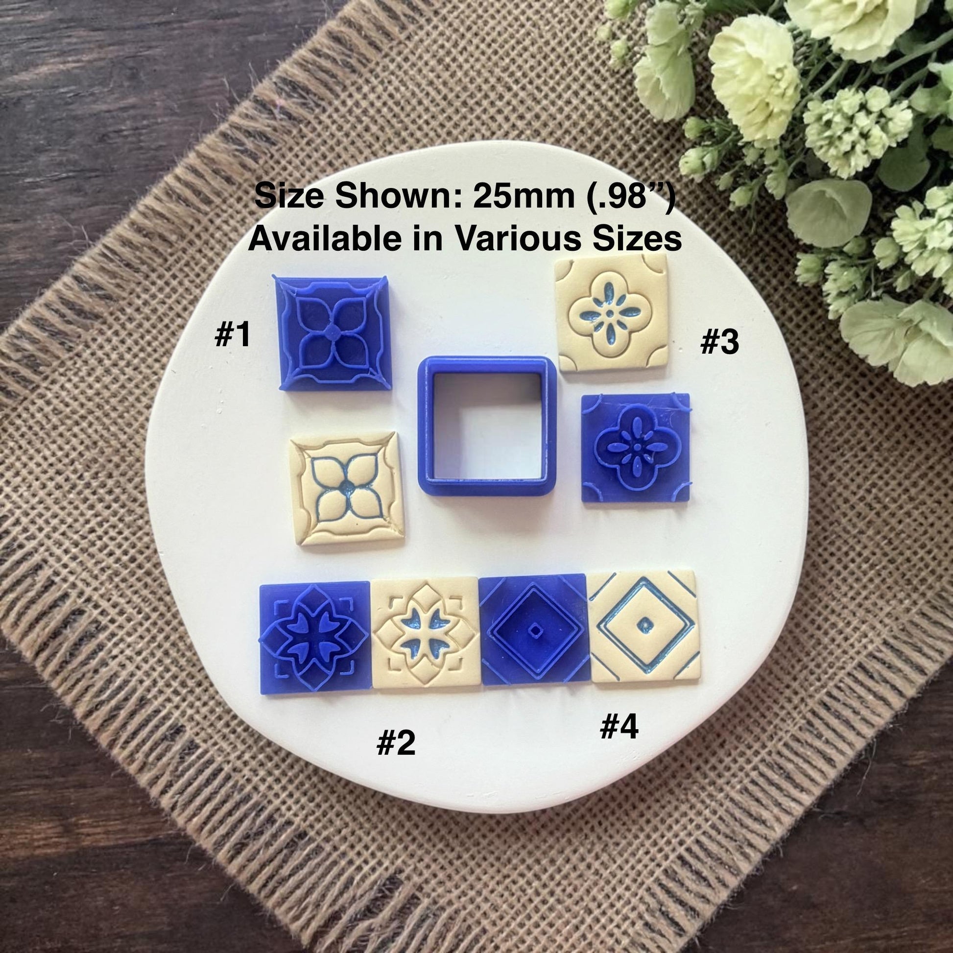 Mediterranean Spanish tile polymer clay cutter set with options 1 to 4 displayed on white plate