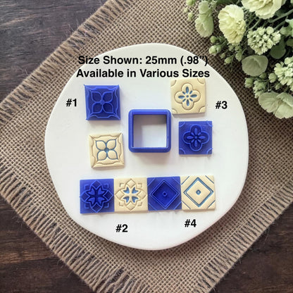 Mediterranean Spanish tile polymer clay cutter set with options 1 to 4 displayed on white plate