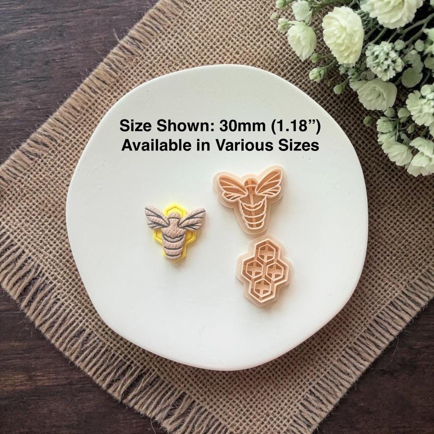 bee clay earring and cutter showing size comparison text 30mm