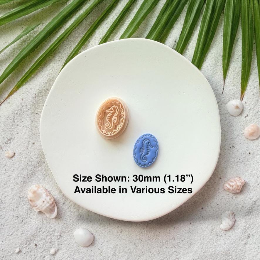 Seahorse clay pieces displayed with size text 30mm on white plate with coastal background