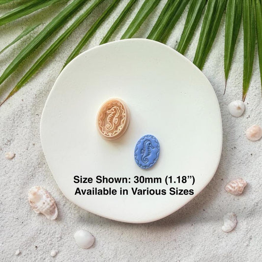 Seahorse clay pieces displayed with size text 30mm on white plate with coastal background