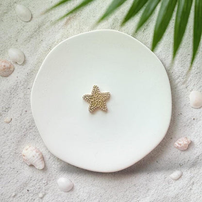 Finished starfish clay piece showing texture detail on white plate with beach background