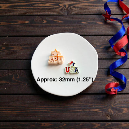 USA patriotic clay cutter shown beside finished polymer clay earrings with 32mm size text