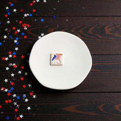 Finished patriotic stingray clay earring with red white and blue flag design displayed on white ceramic plate with festive star confetti