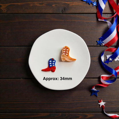 Patriotic cowboy boot cutter and finished clay example shown with approximate 34mm size text on white display surface