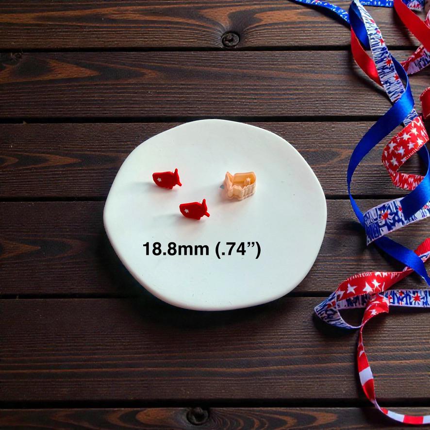 USA map polymer clay cutter displayed with patriotic stud earrings on white surface showing 18.8mm size