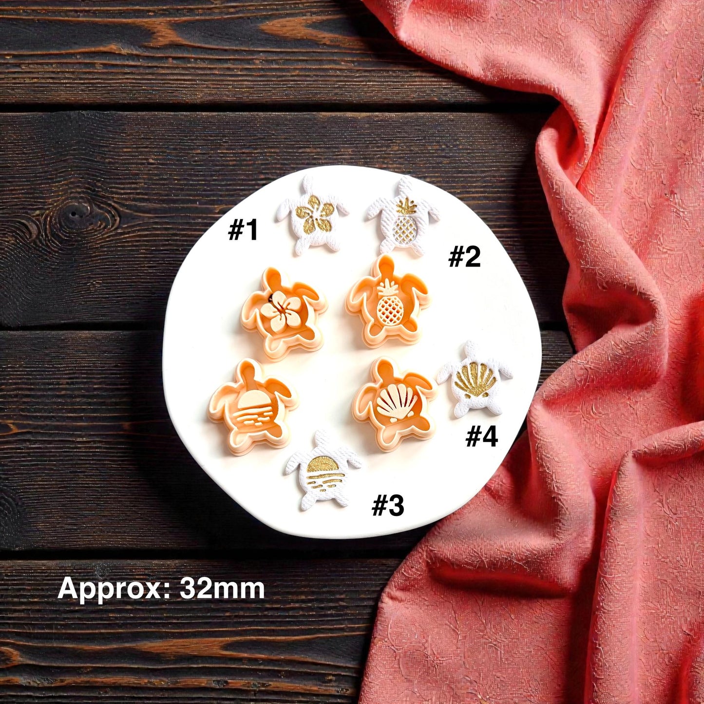 Four tropical sea turtle polymer clay cutters featuring flower, pineapple, sunset, and shell center designs with approximate 32mm sizing text