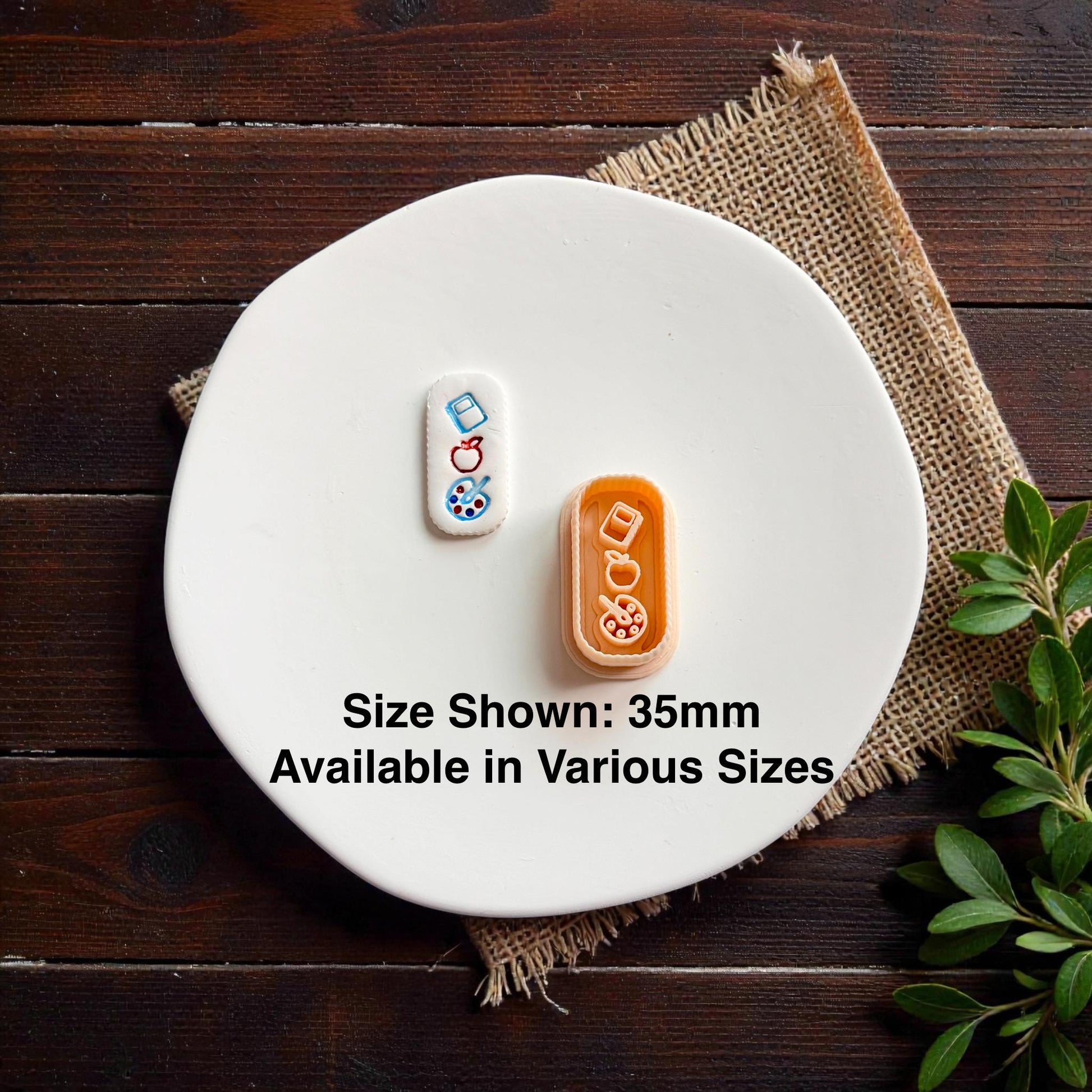 Teacher polymer clay cutter and finished clay piece displayed together with text showing 35mm size and various size options