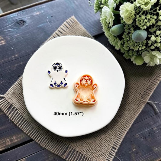 Sugar skull ghost polymer clay cutter with matching embossed sample showing the 40mm size.