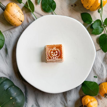 Framed jack-o-lantern pumpkin polymer clay cutter displayed on a white plate surrounded by autumn pumpkins and greenery.