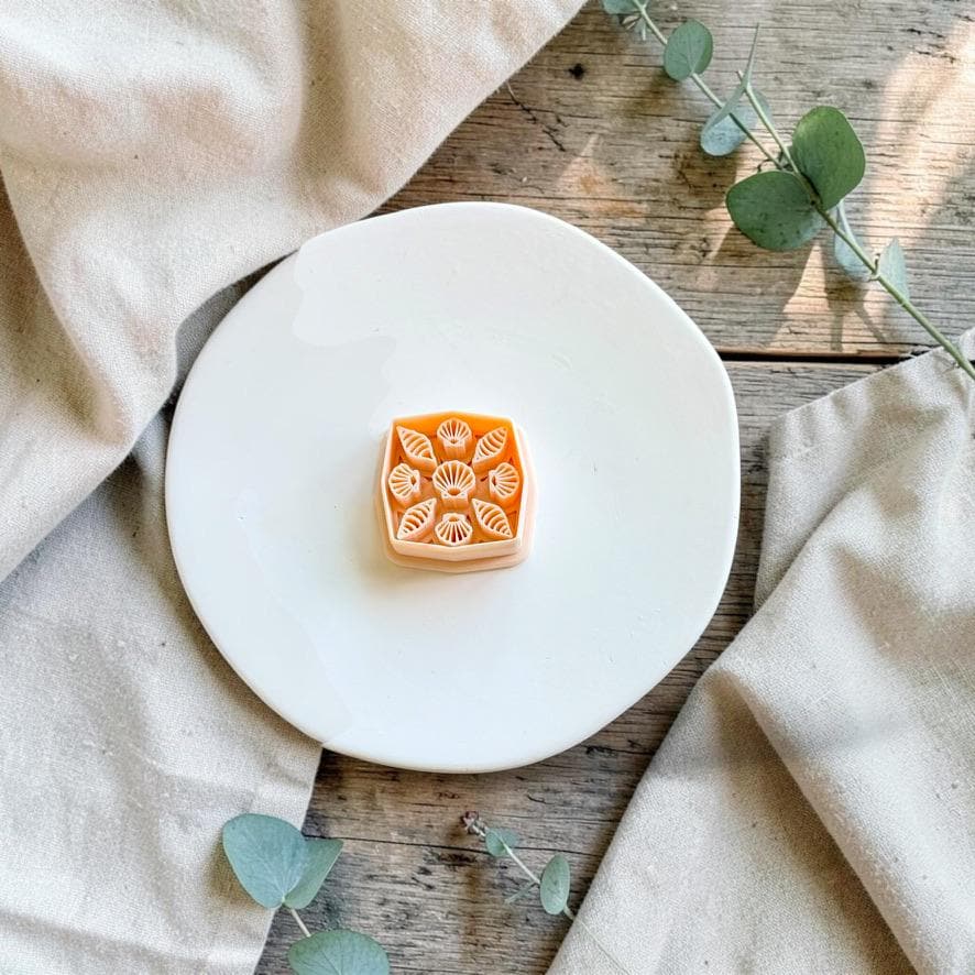Square polymer clay cutter featuring an intricate seashell pattern displayed on a white ceramic plate
