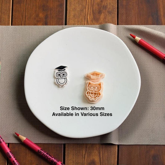 Finished graduation owl beside the matching two-piece polymer clay cutter with separate owl and graduation cap pieces, showing the 30mm size.