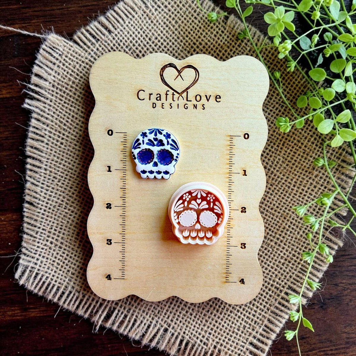 CraftLove Designs size reference showing finished Sugar Skull earring with 40mm cutter available in multiple sizes.