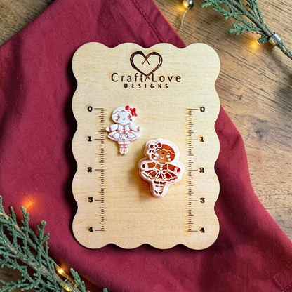 Gingerbread ballerina polymer clay cutter and finished white gingerbread ballerina clay piece displayed on a wooden Craft Love Designs sizing board with inch measurements.