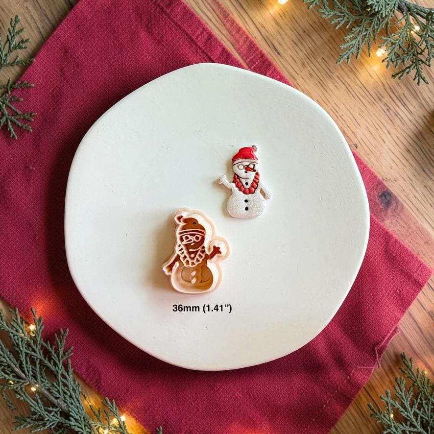 Finished tropical snowman clay piece and matching cutter displayed on a white plate, with text showing the size as 36mm or 1.41 inches.